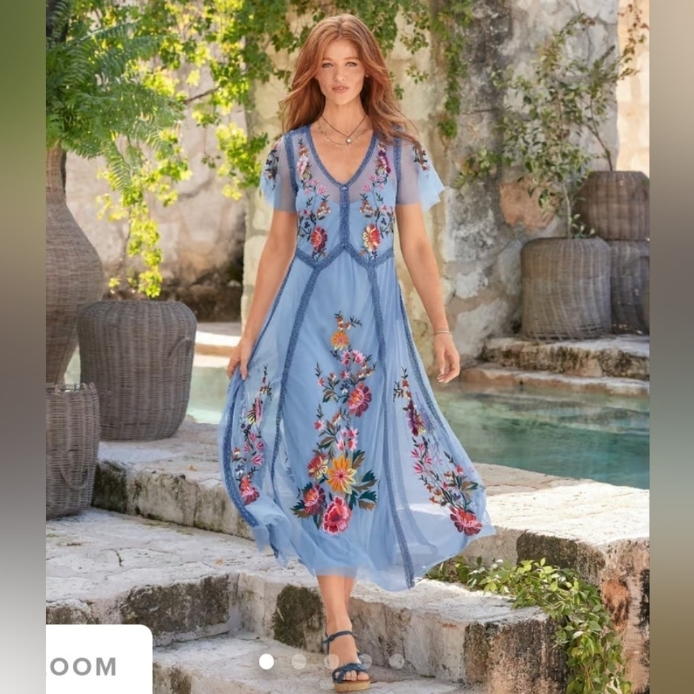 NWT Sundance Catalog Garden Soiree Blue Mist XS Maxi Dress Embroidered Whimsical